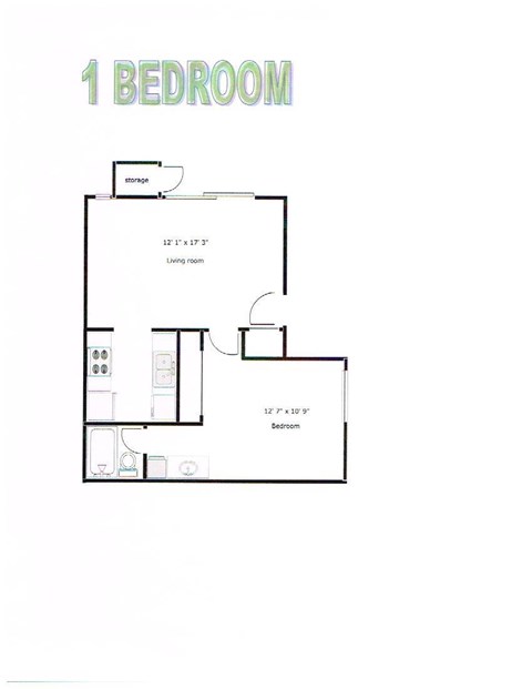 A floor plan of a one bedroom apartment with a living room and a bedroom.